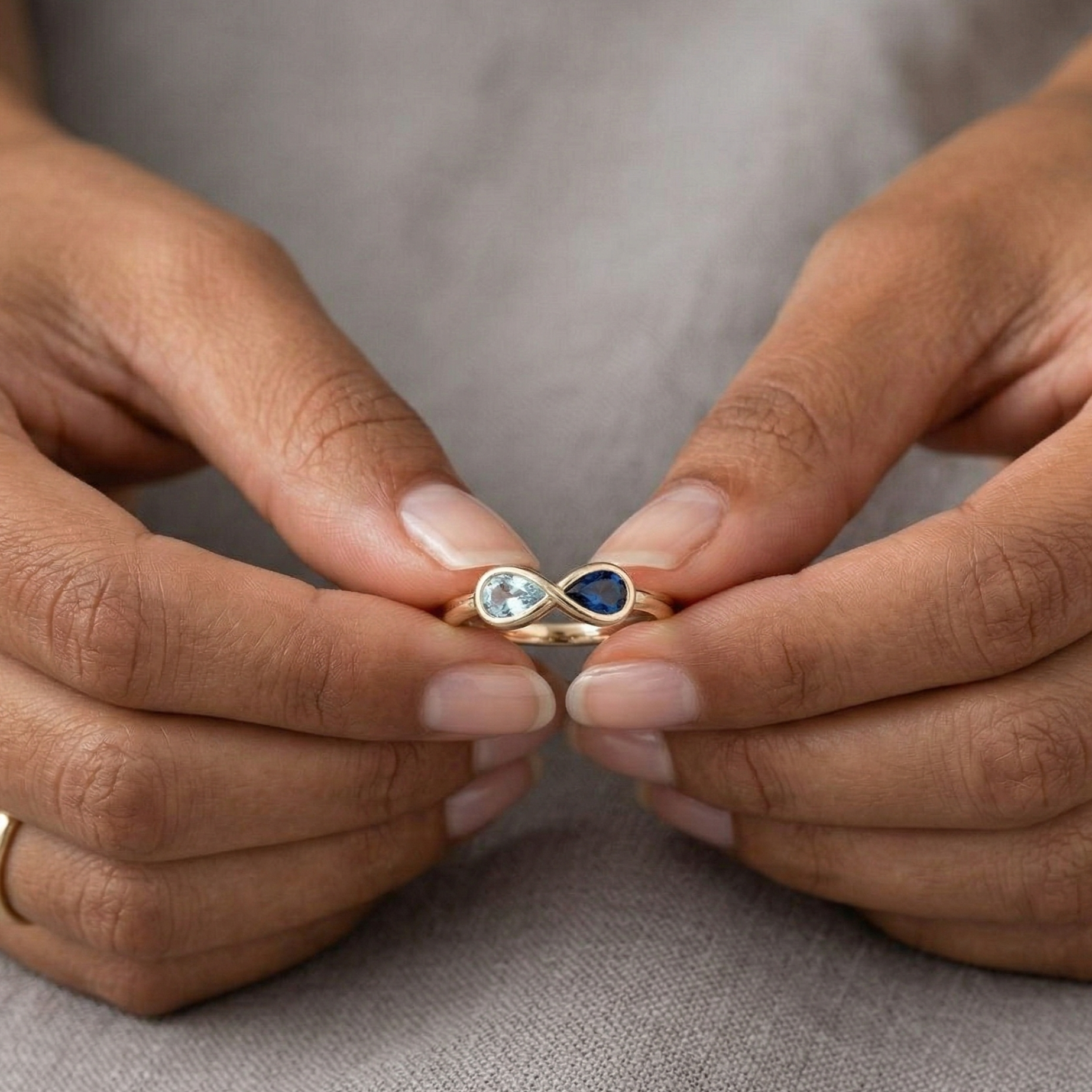 Blue Sapphire & Aquamarine Infinity Ring | Handmade Yellow Gold Plated Ring | Minimalist Jewelry | Birthday Gift.