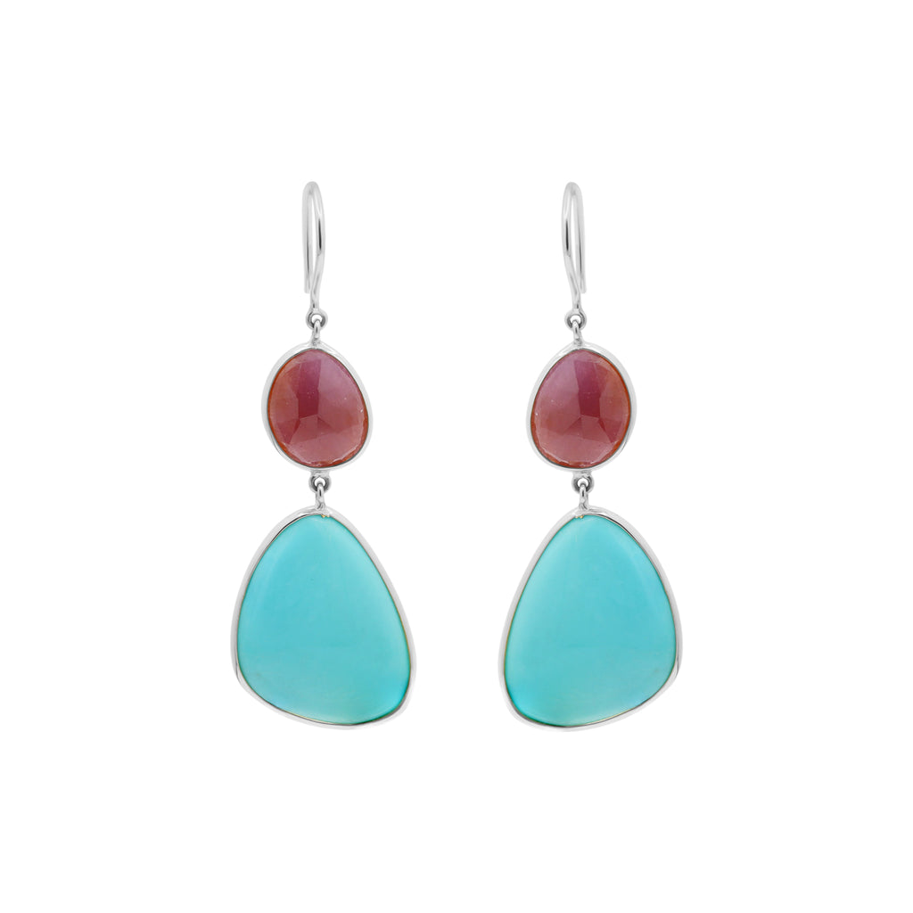 18k Yellow Gold Turquoise And Natural Ruby Gemstone Drop Dangle Earring