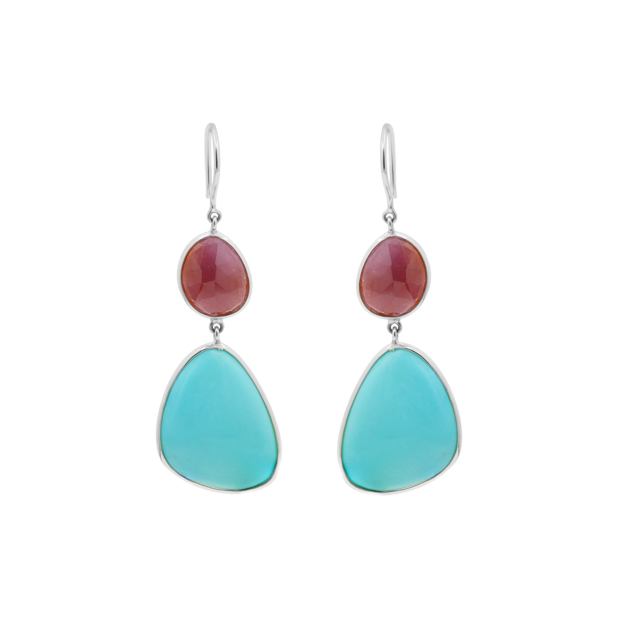 18k Yellow Gold Turquoise And Natural Ruby Gemstone Drop Dangle Earring