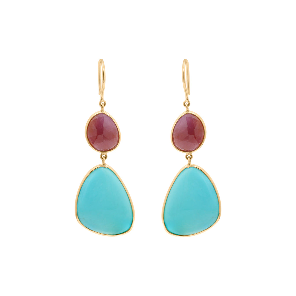 18k Yellow Gold Turquoise And Natural Ruby Gemstone Drop Dangle Earring