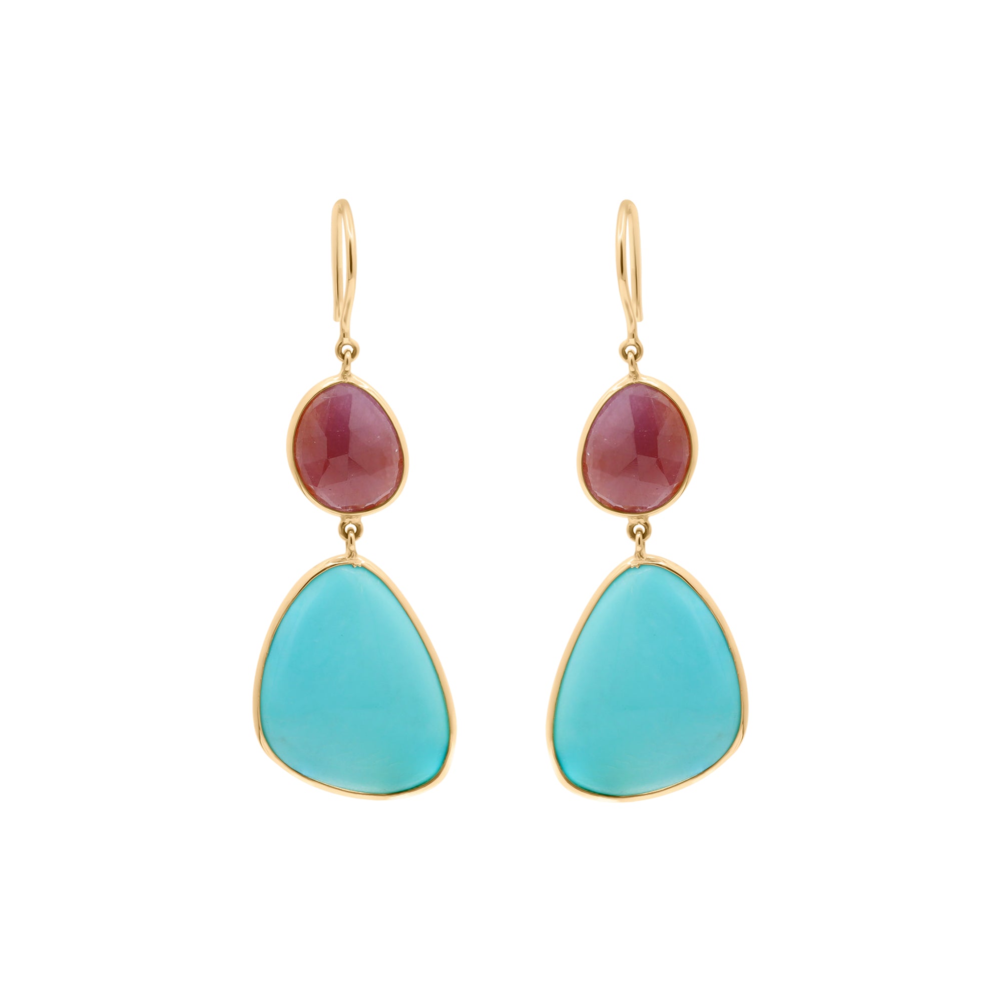 18k Yellow Gold Turquoise And Natural Ruby Gemstone Drop Dangle Earring