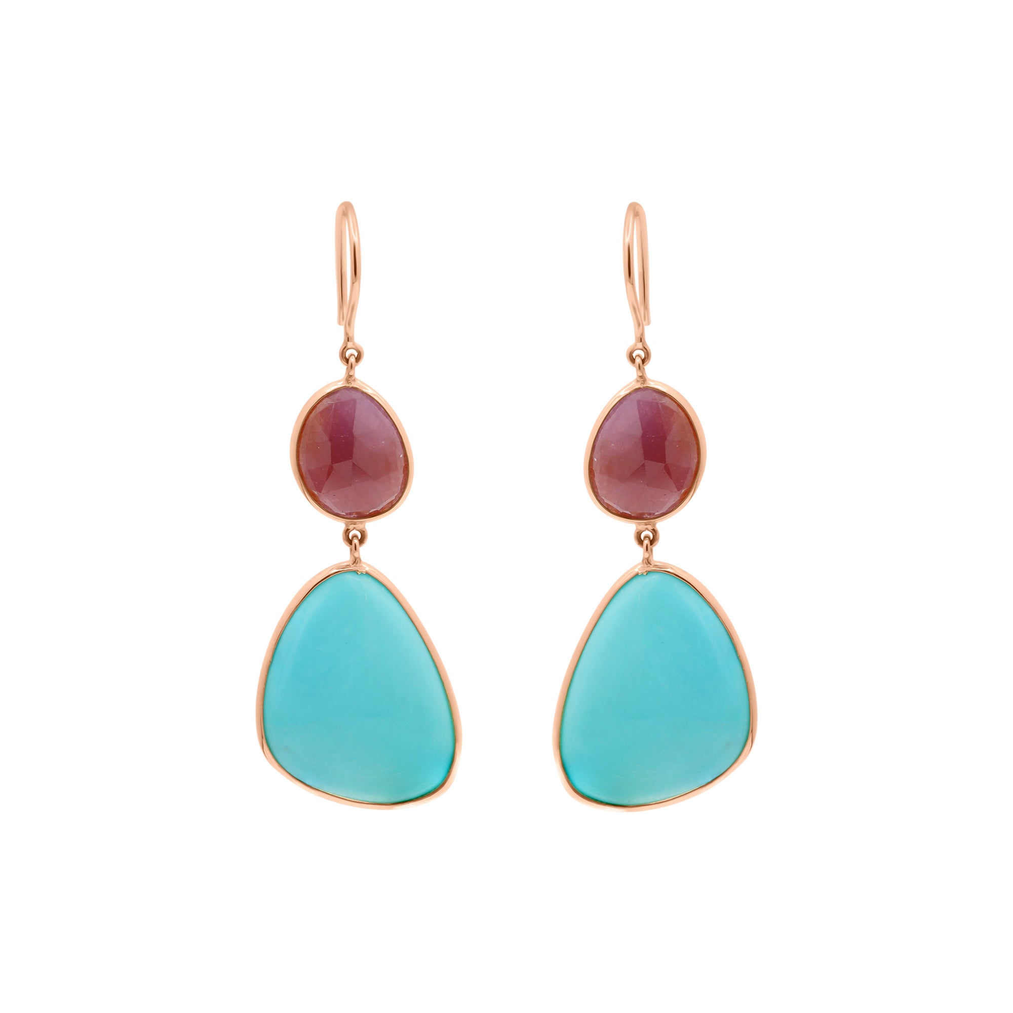 18k Yellow Gold Turquoise And Natural Ruby Gemstone Drop Dangle Earring
