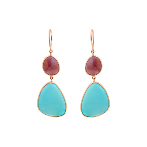 18k Yellow Gold Turquoise And Natural Ruby Gemstone Drop Dangle Earring