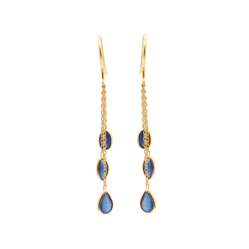 18k Yellow Gold Precious Blue Sapphire Gemstone Drop Earring
