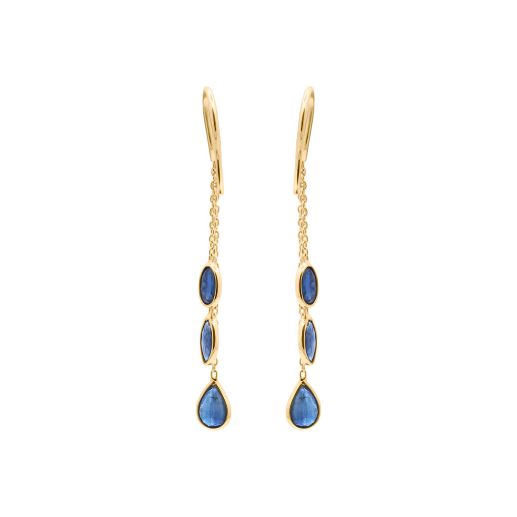 18k Yellow Gold Precious Blue Sapphire Gemstone Drop Earring