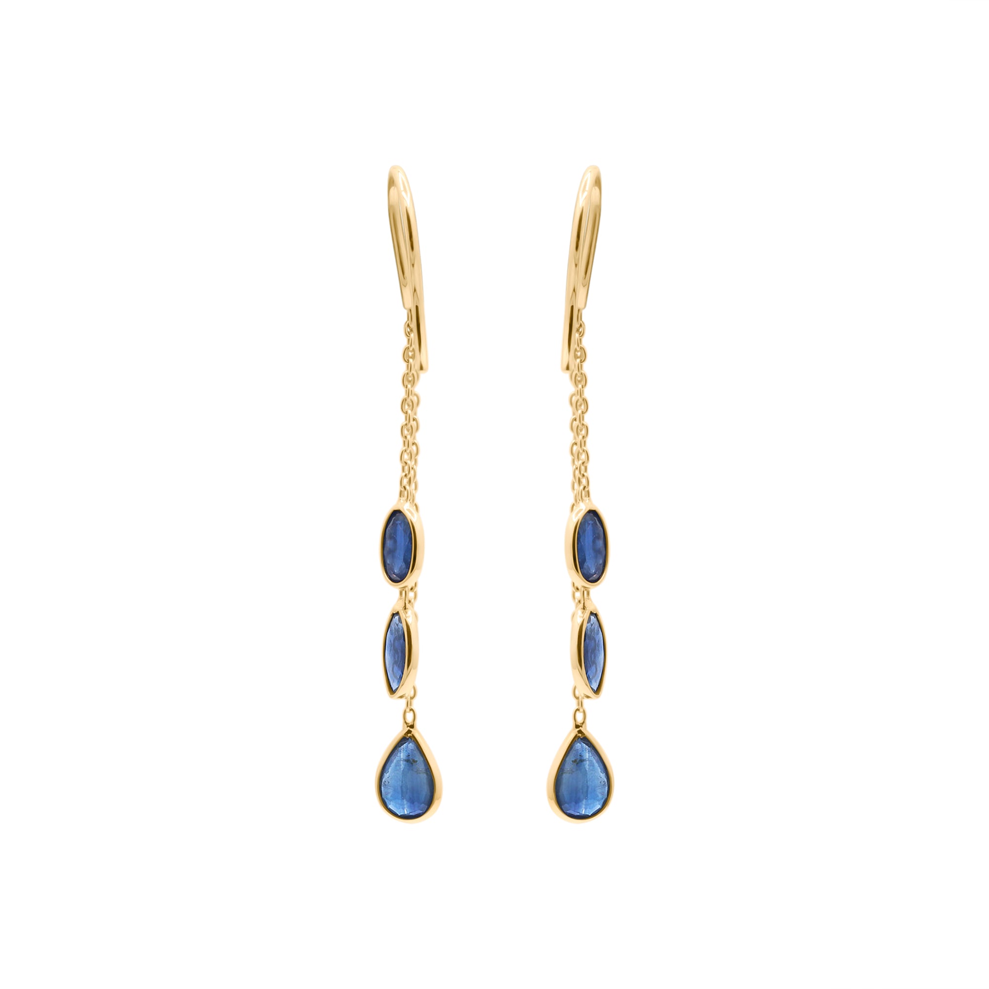 18k Yellow Gold Precious Blue Sapphire Gemstone Drop Earring