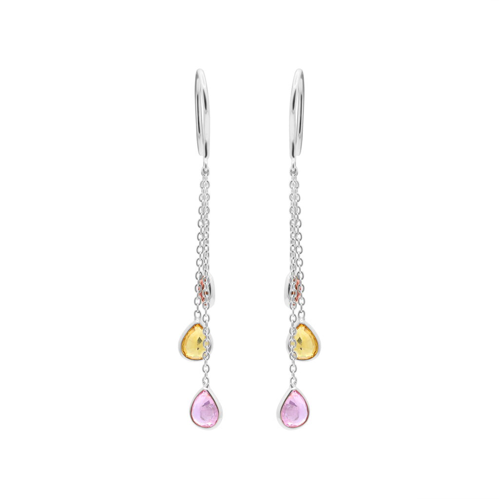 Natural Pink, Yellow, Orange Sapphire Gemstone 18k Gold Drop Earring