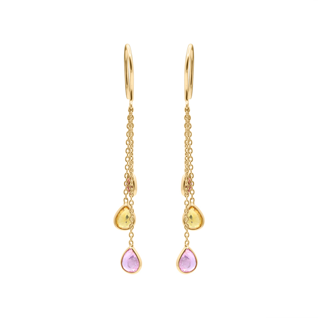Natural Pink, Yellow, Orange Sapphire Gemstone 18k Gold Drop Earring