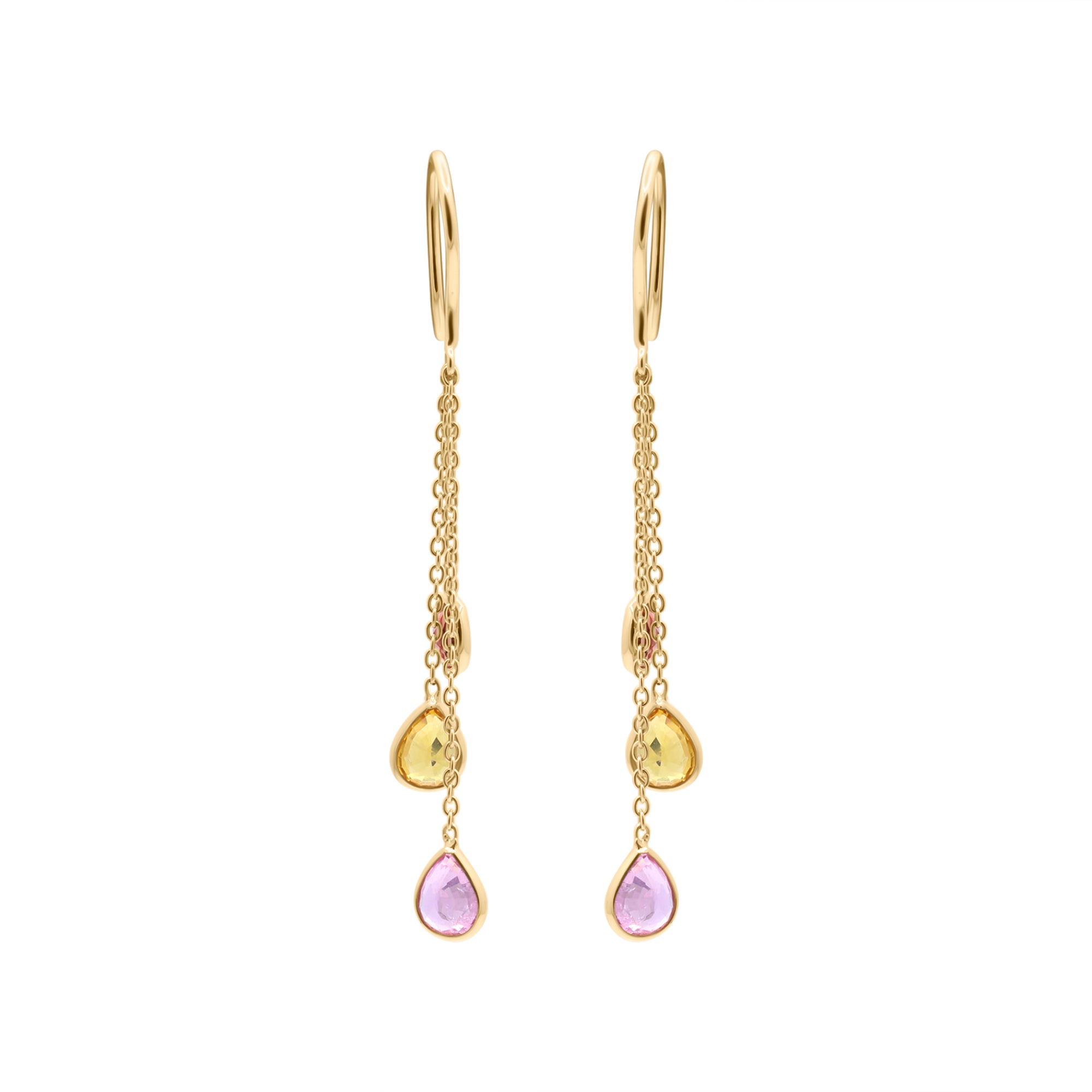 Natural Pink, Yellow, Orange Sapphire Gemstone 18k Gold Drop Earring