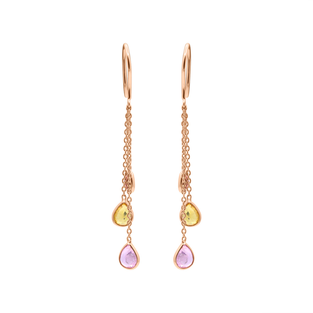 Natural Pink, Yellow, Orange Sapphire Gemstone 18k Gold Drop Earring