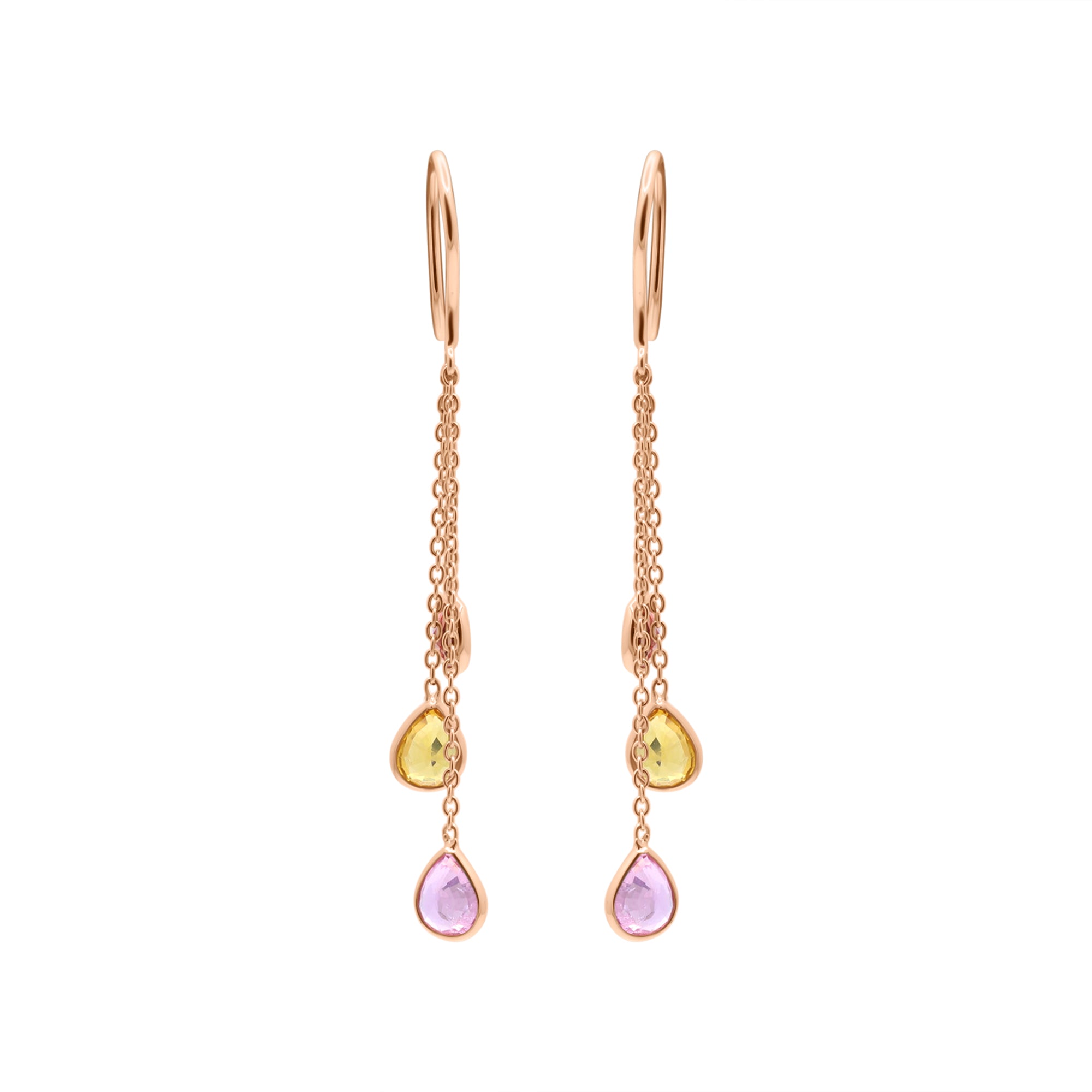 Natural Pink, Yellow, Orange Sapphire Gemstone 18k Gold Drop Earring