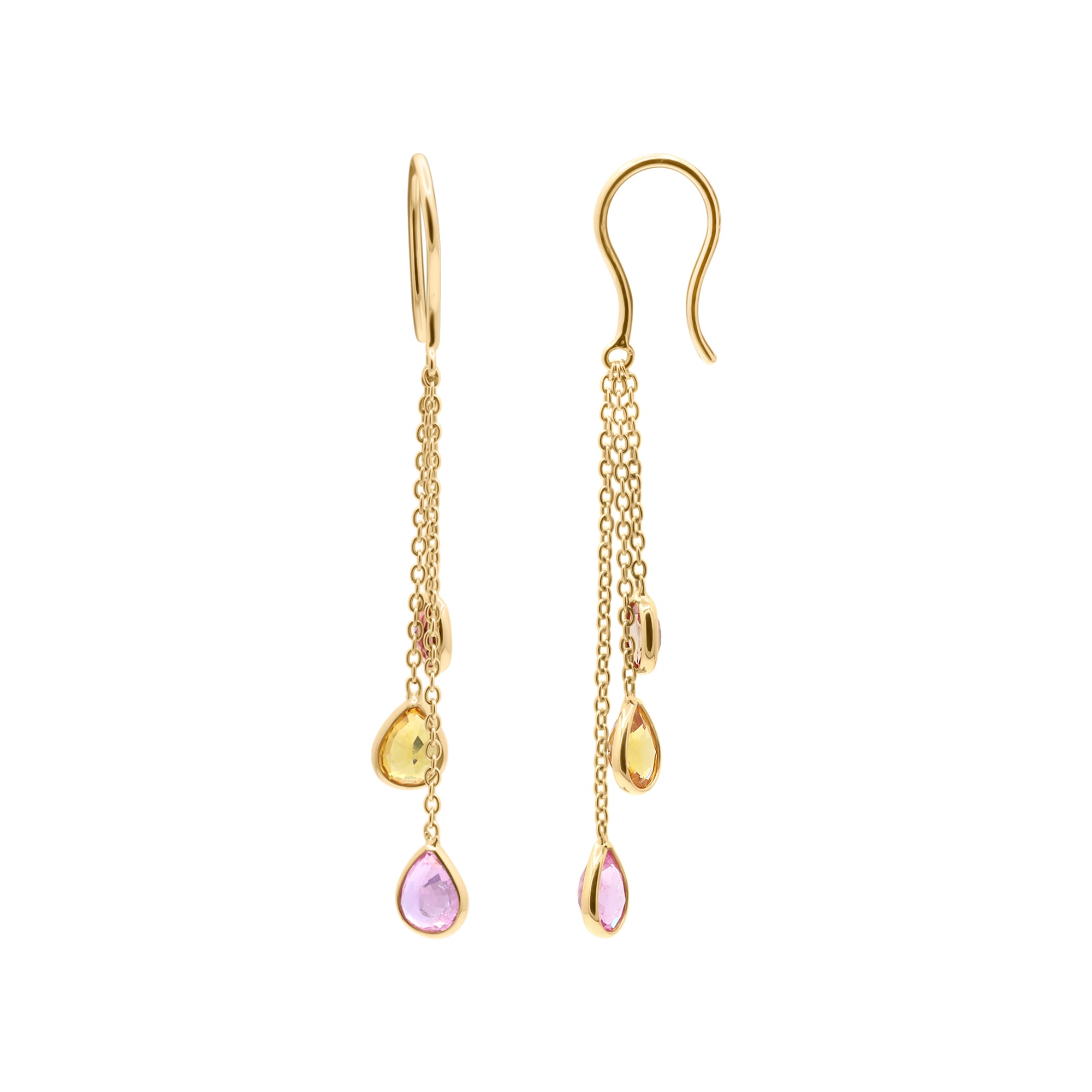 Natural Pink, Yellow, Orange Sapphire Gemstone 18k Gold Drop Earring