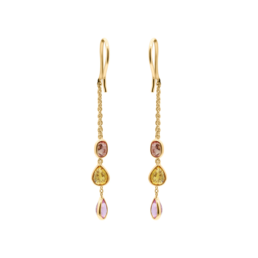 Natural Pink, Yellow, Orange Sapphire Gemstone 18k Gold Drop Earring