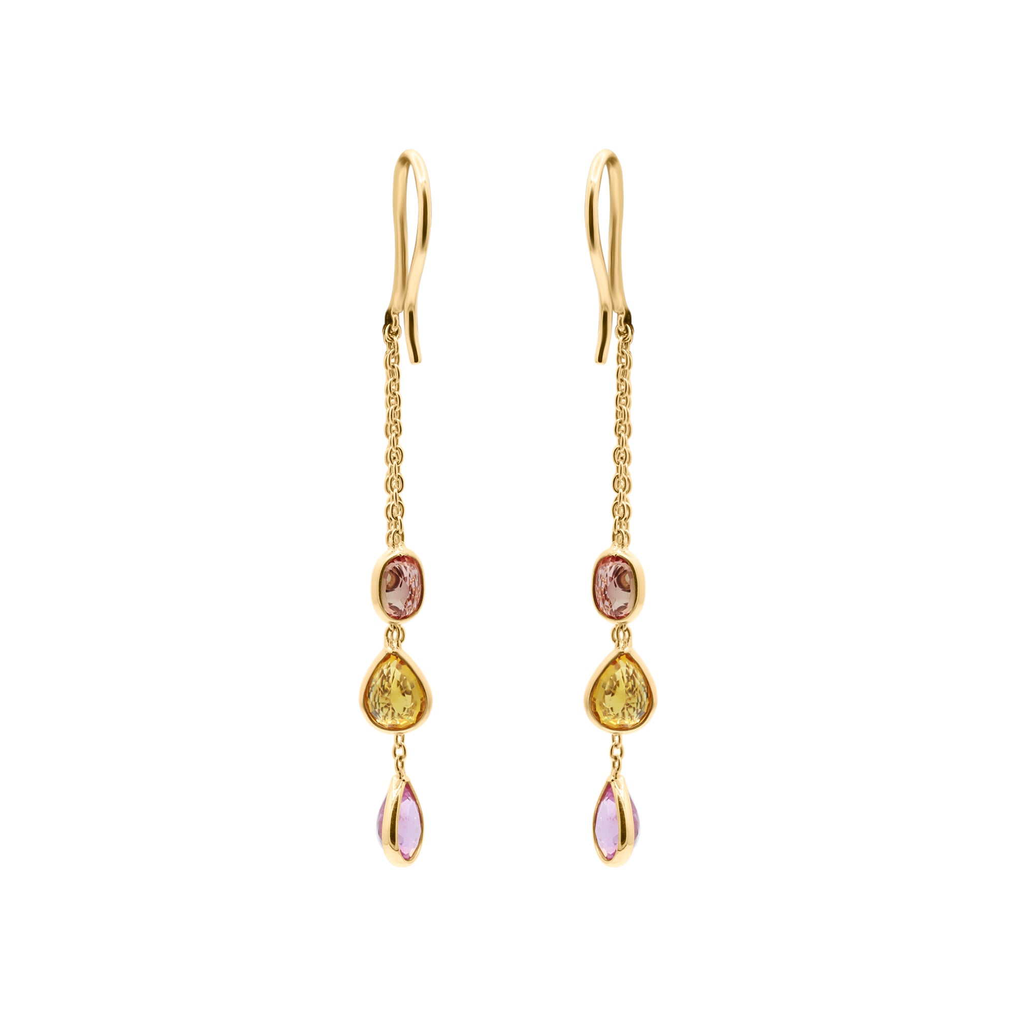 Natural Pink, Yellow, Orange Sapphire Gemstone 18k Gold Drop Earring