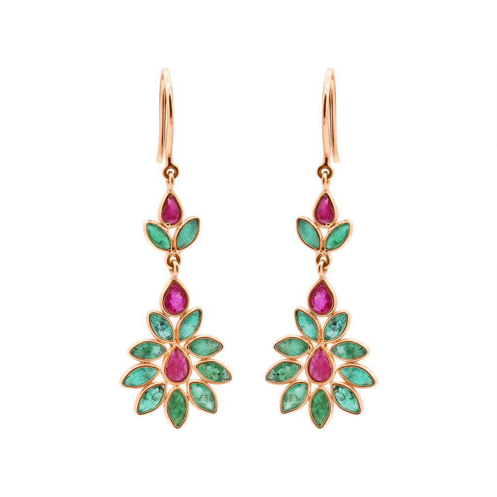 Natural Ruby And Emerald Gemstone 18k Gold Drop Earring