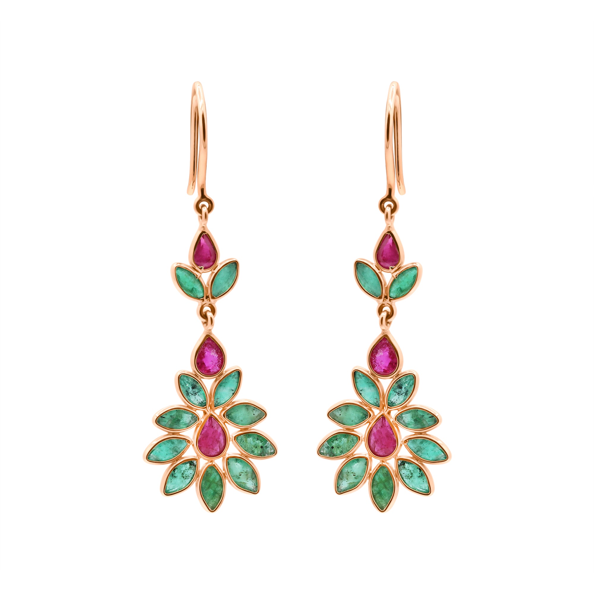 Natural Ruby And Emerald Gemstone 18k Gold Drop Earring