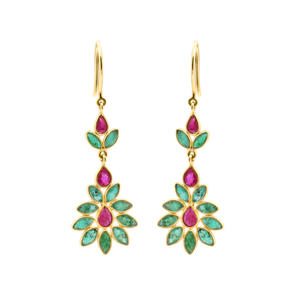 Natural Ruby And Emerald Gemstone 18k Gold Drop Earring