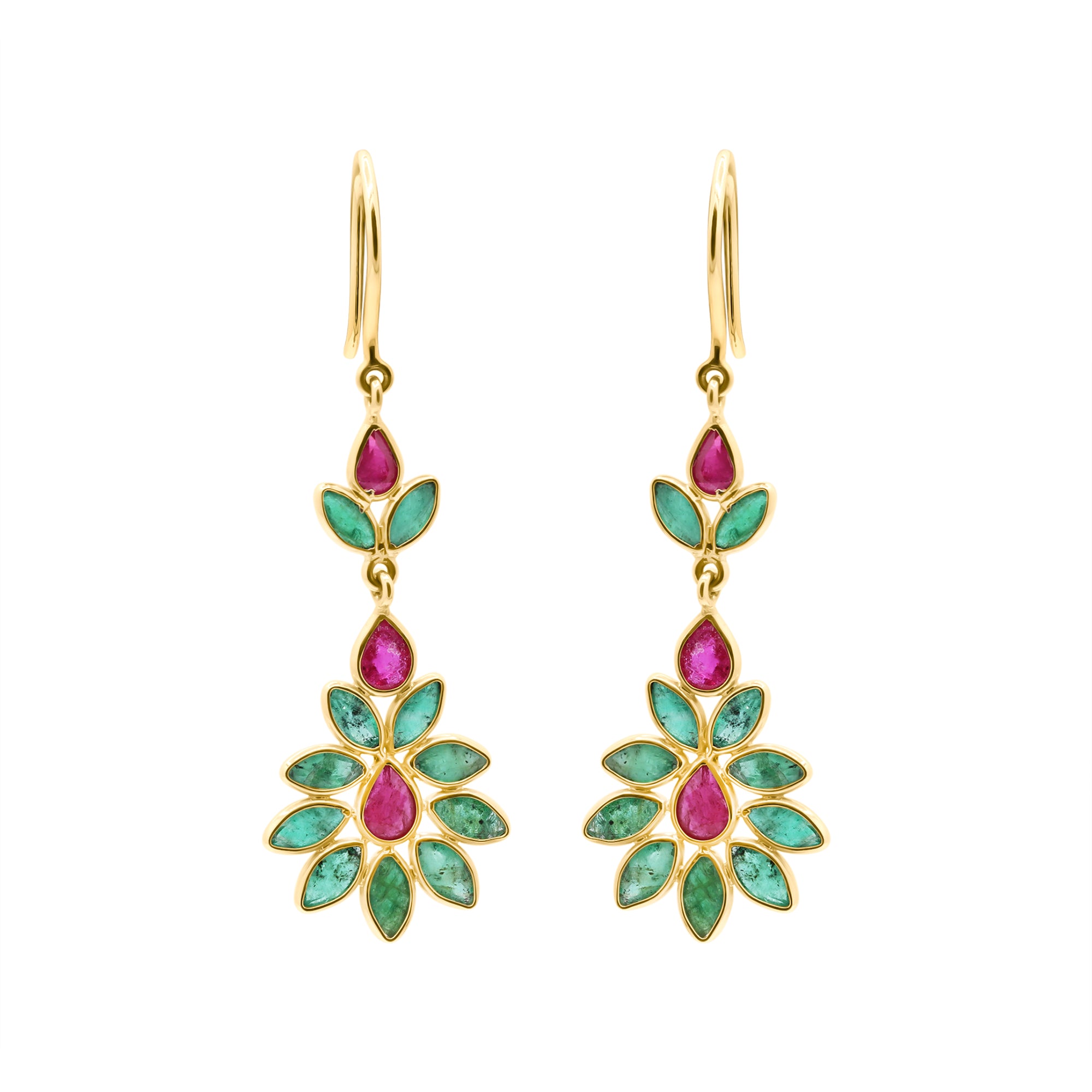 Natural Ruby And Emerald Gemstone 18k Gold Drop Earring