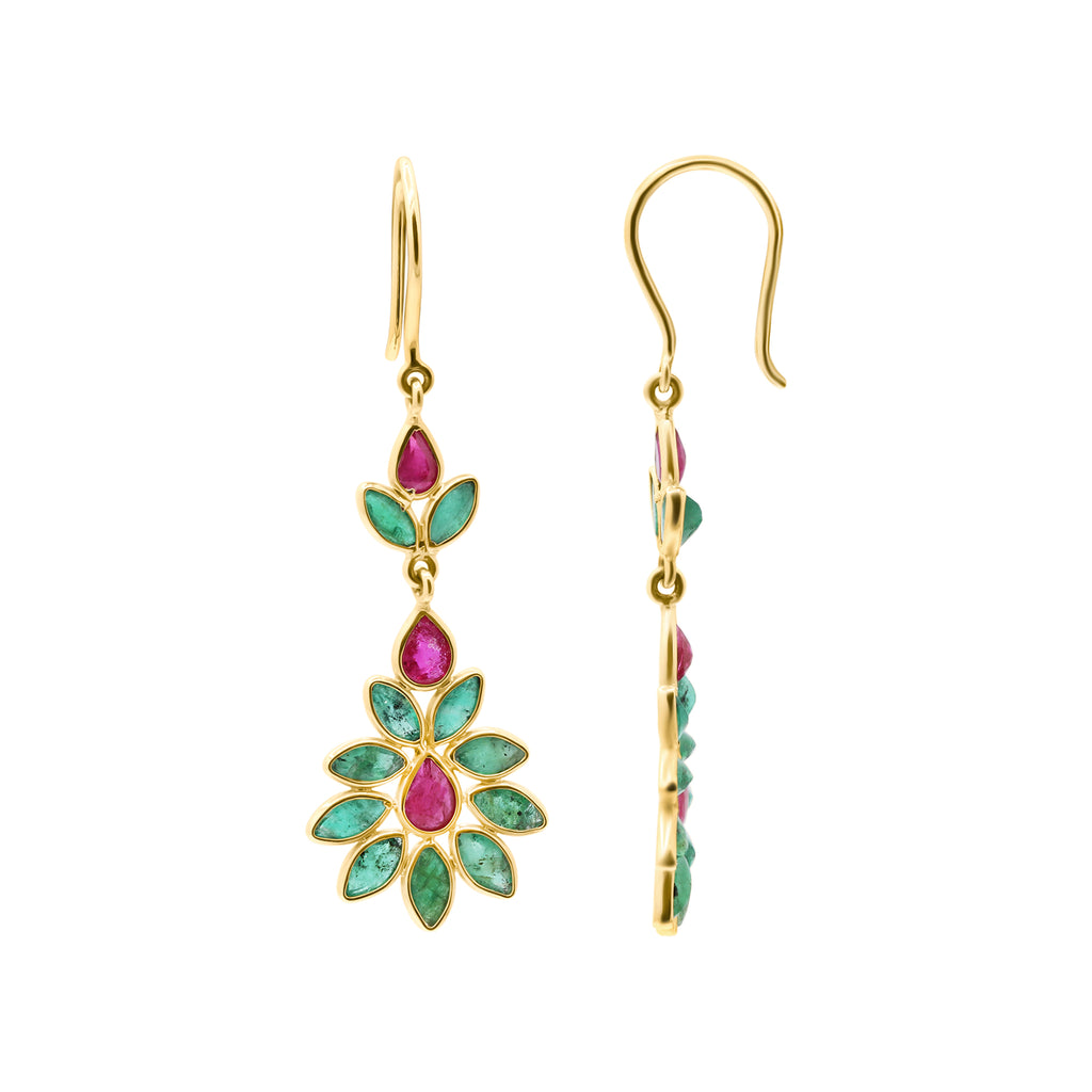Natural Ruby And Emerald Gemstone 18k Gold Drop Earring
