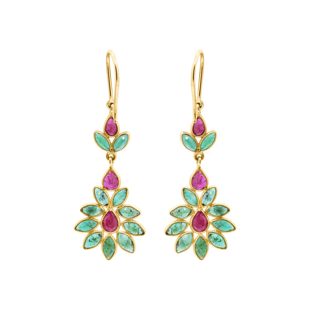 Natural Ruby And Emerald Gemstone 18k Gold Drop Earring