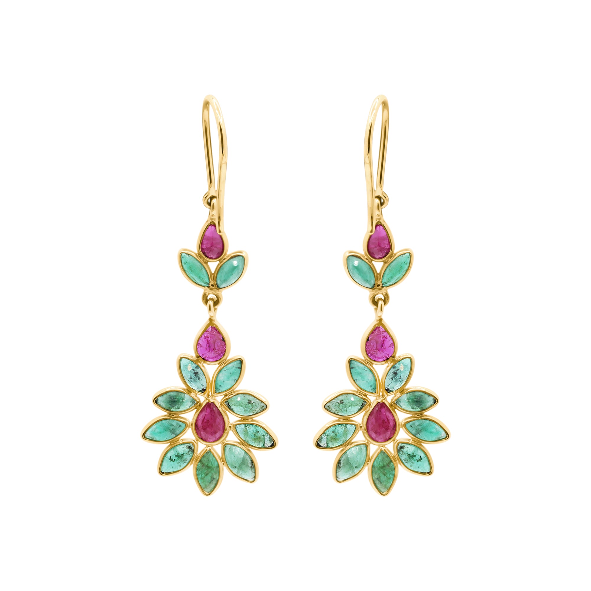 Natural Ruby And Emerald Gemstone 18k Gold Drop Earring