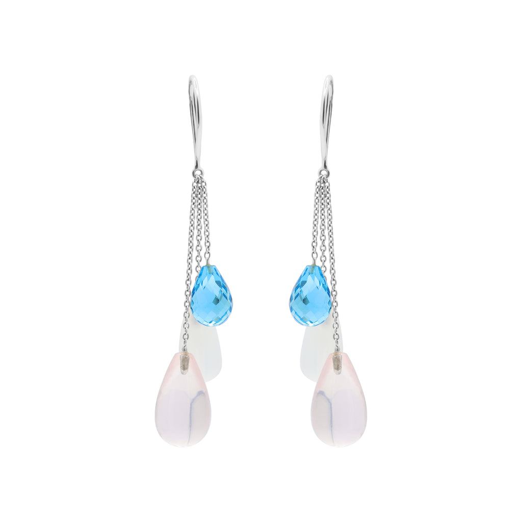 Natural Rose Quartz, Cat's Eye And Blue Topaz Gemstone Earrings In 14k Yellow Gold