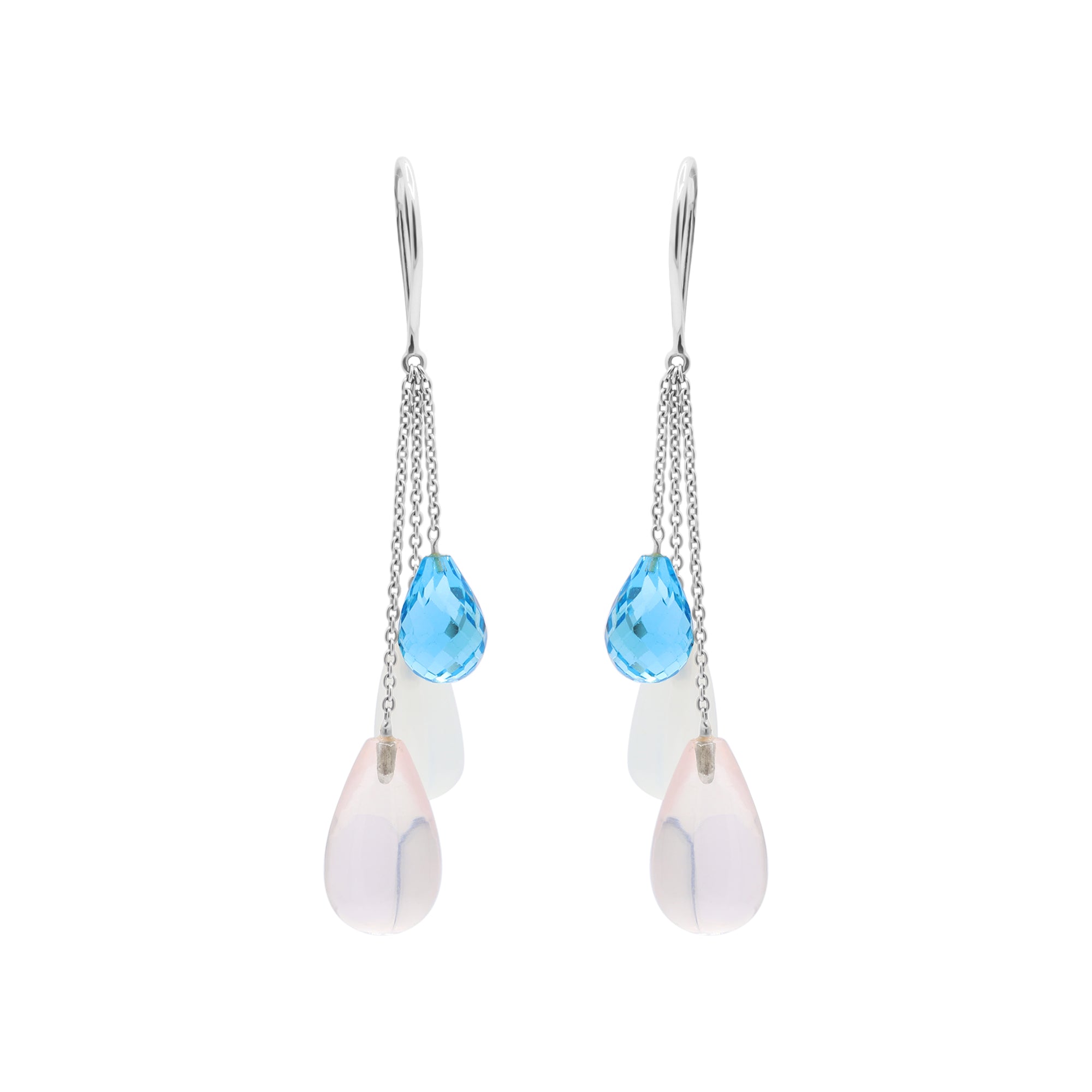 Natural Rose Quartz, Cat's Eye And Blue Topaz Gemstone Earrings In 14k Yellow Gold