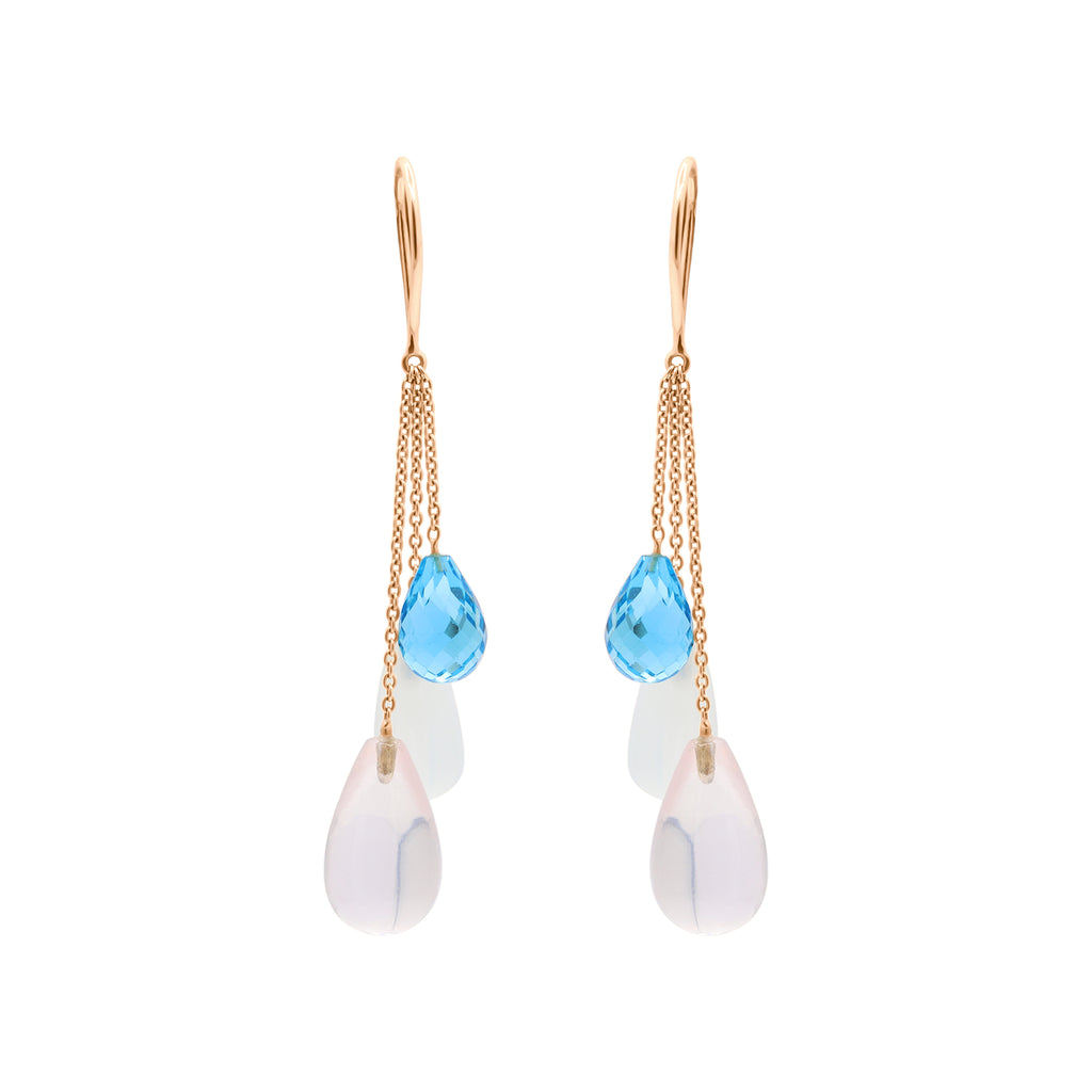 Natural Rose Quartz, Cat's Eye And Blue Topaz Gemstone Earrings In 14k Yellow Gold