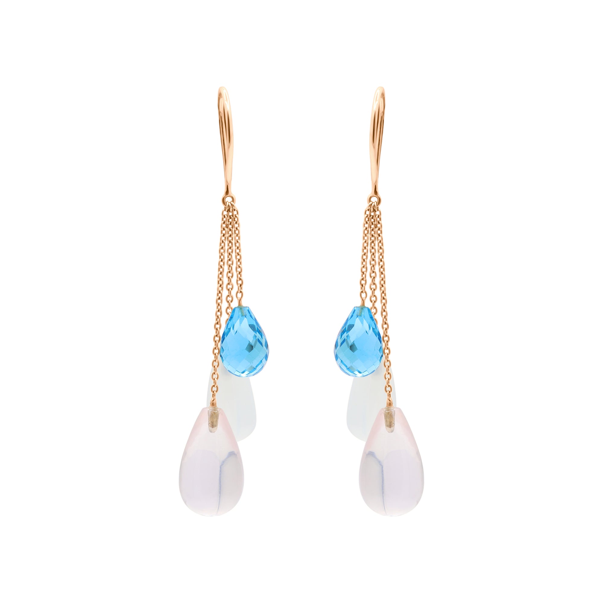 Natural Rose Quartz, Cat's Eye And Blue Topaz Gemstone Earrings In 14k Yellow Gold