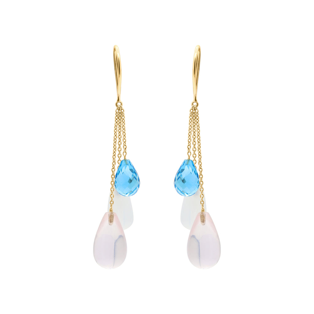 Natural Rose Quartz, Cat's Eye And Blue Topaz Gemstone Earrings In 14k Yellow Gold