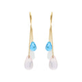Natural Rose Quartz, Cat's Eye And Blue Topaz Gemstone Earrings In 14k Yellow Gold