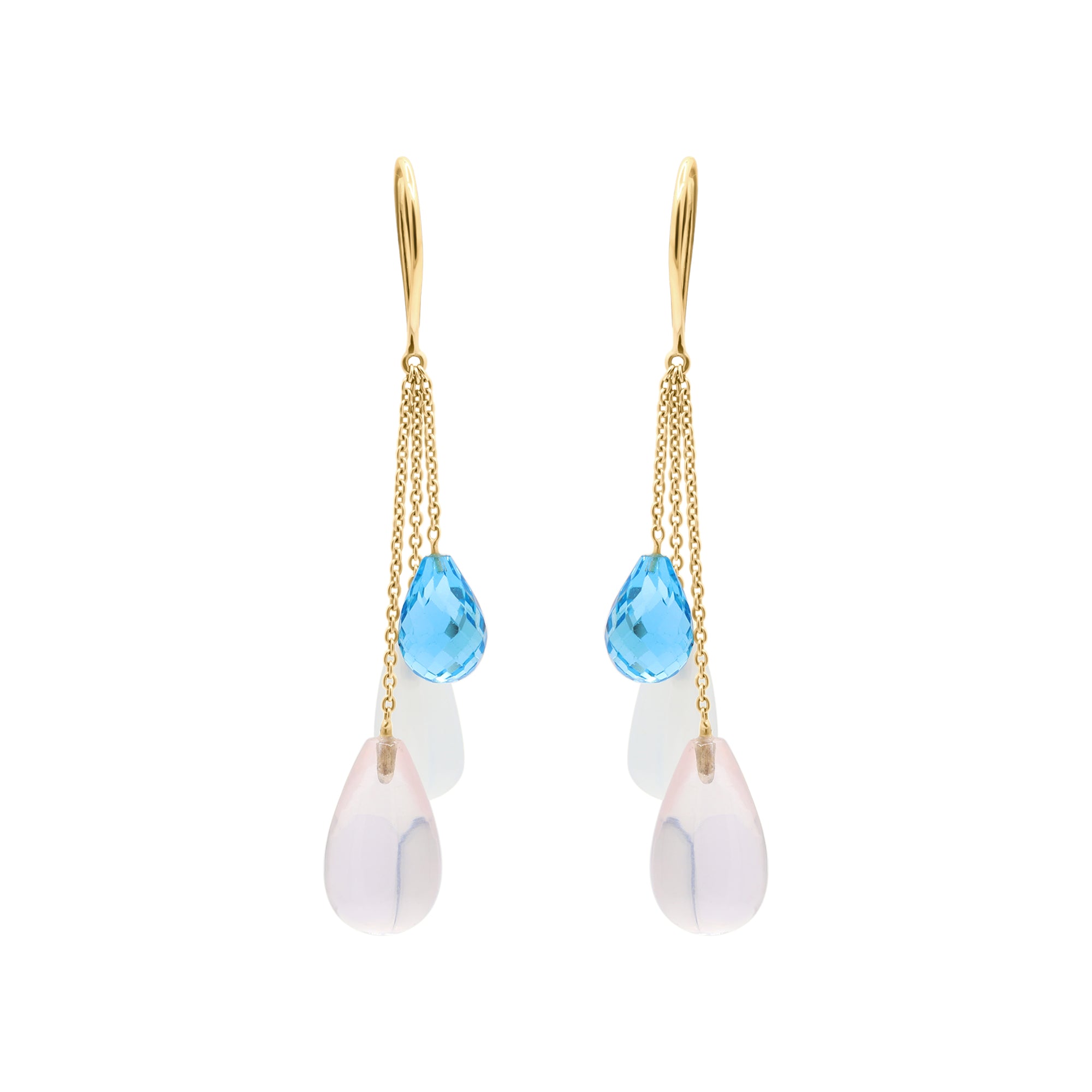 Natural Rose Quartz, Cat's Eye And Blue Topaz Gemstone Earrings In 14k Yellow Gold