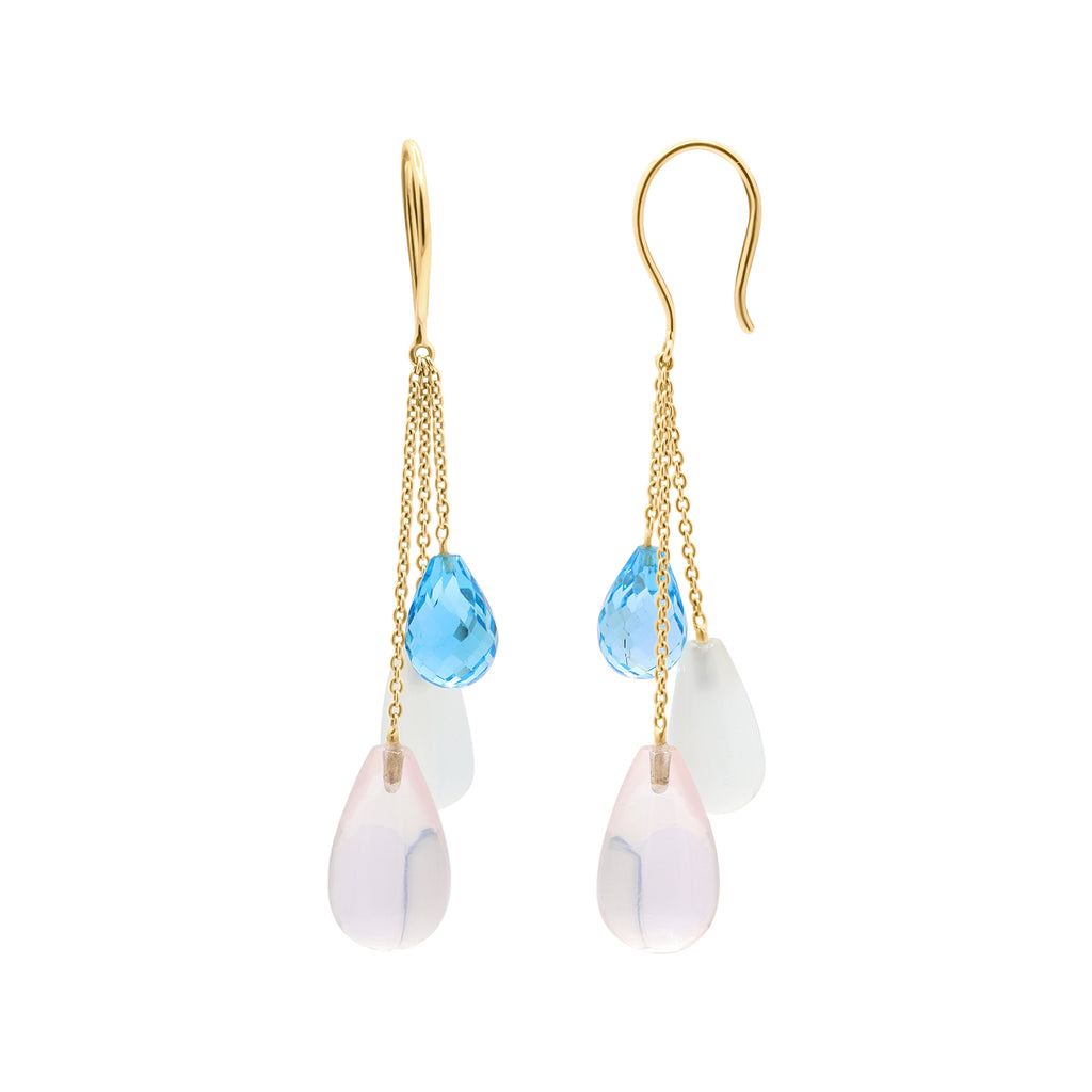 Natural Rose Quartz, Cat's Eye And Blue Topaz Gemstone Earrings In 14k Yellow Gold
