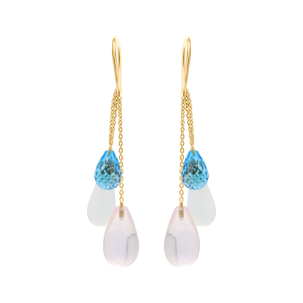 Natural Rose Quartz, Cat's Eye And Blue Topaz Gemstone Earrings In 14k Yellow Gold