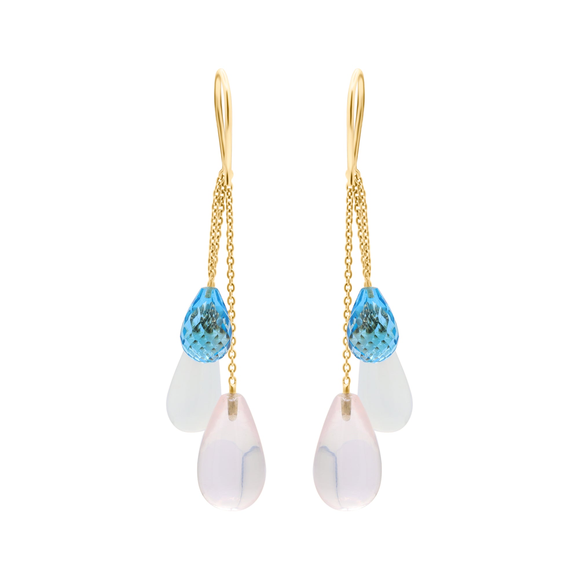 Natural Rose Quartz, Cat's Eye And Blue Topaz Gemstone Earrings In 14k Yellow Gold
