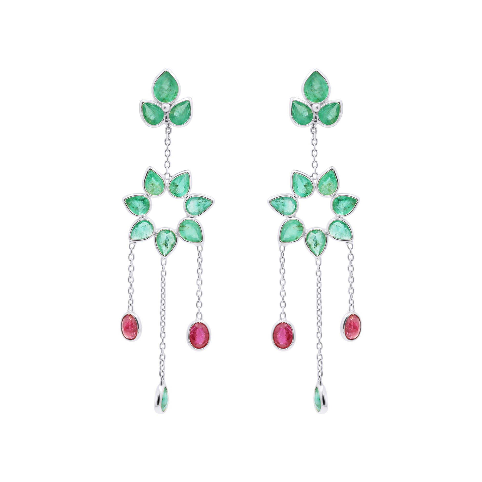 18k Gold Precious Ruby And Emerald Drop Dangle Designer Earrings