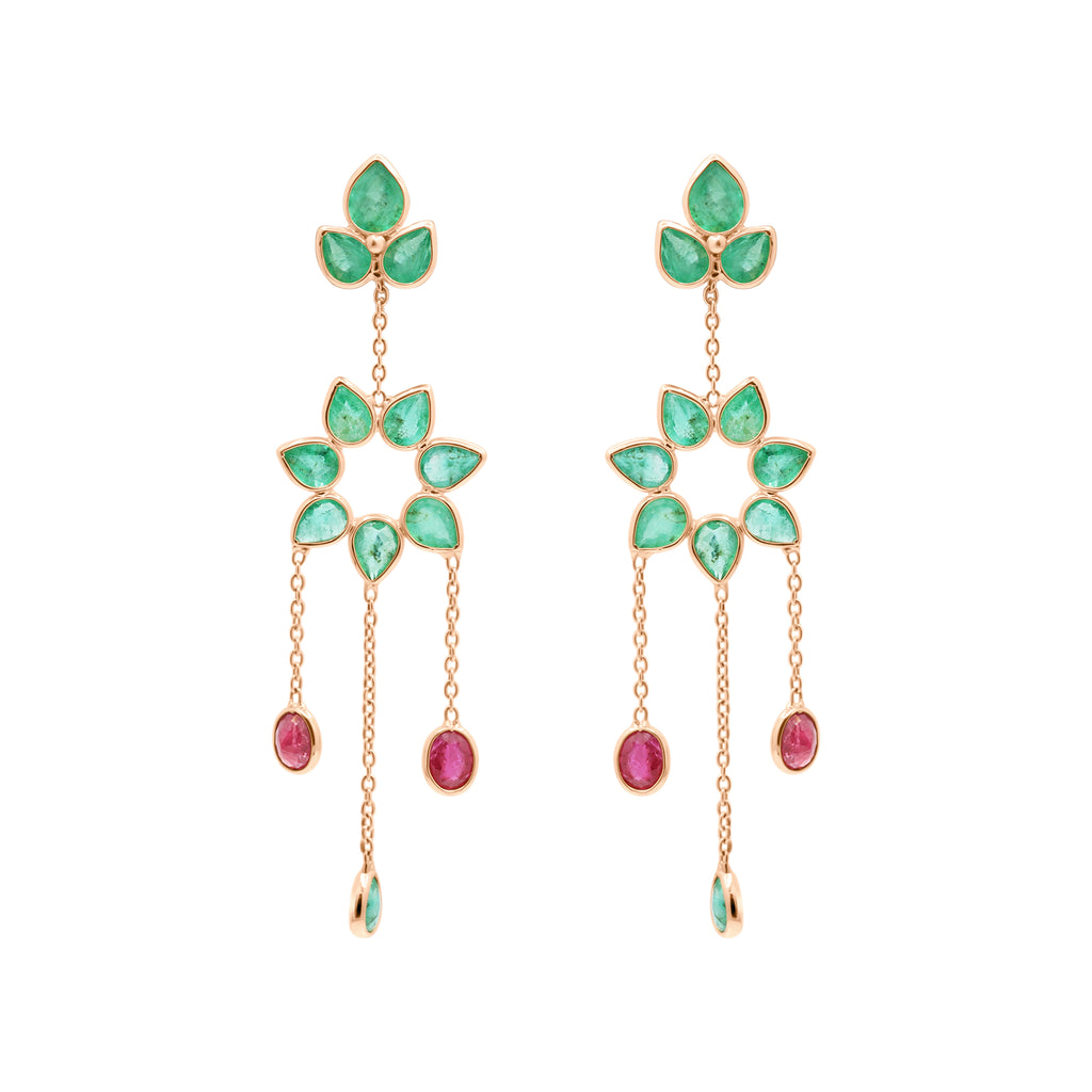 18k Gold Precious Ruby And Emerald Drop Dangle Designer Earrings