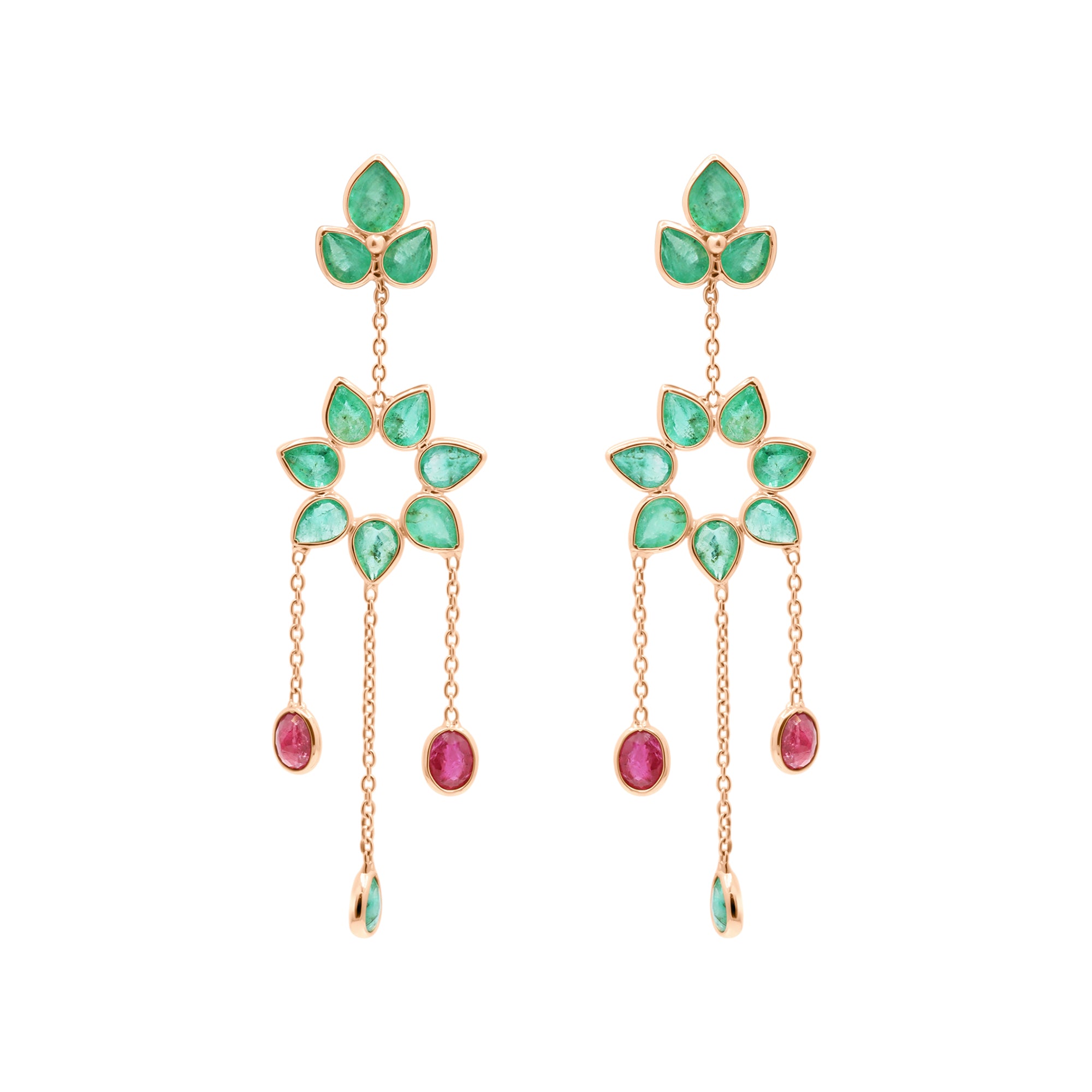 18k Gold Precious Ruby And Emerald Drop Dangle Designer Earrings