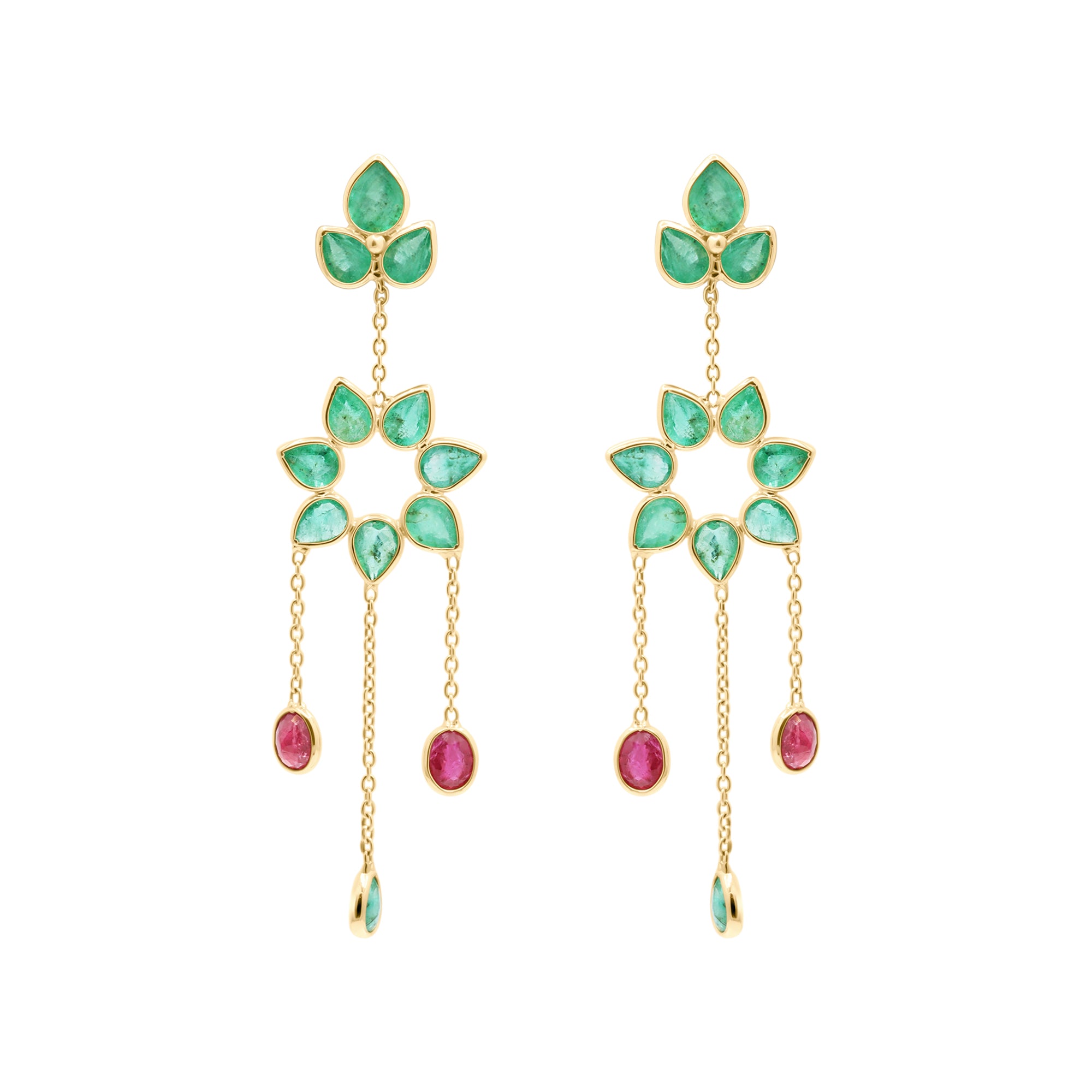 18k Gold Precious Ruby And Emerald Drop Dangle Designer Earrings