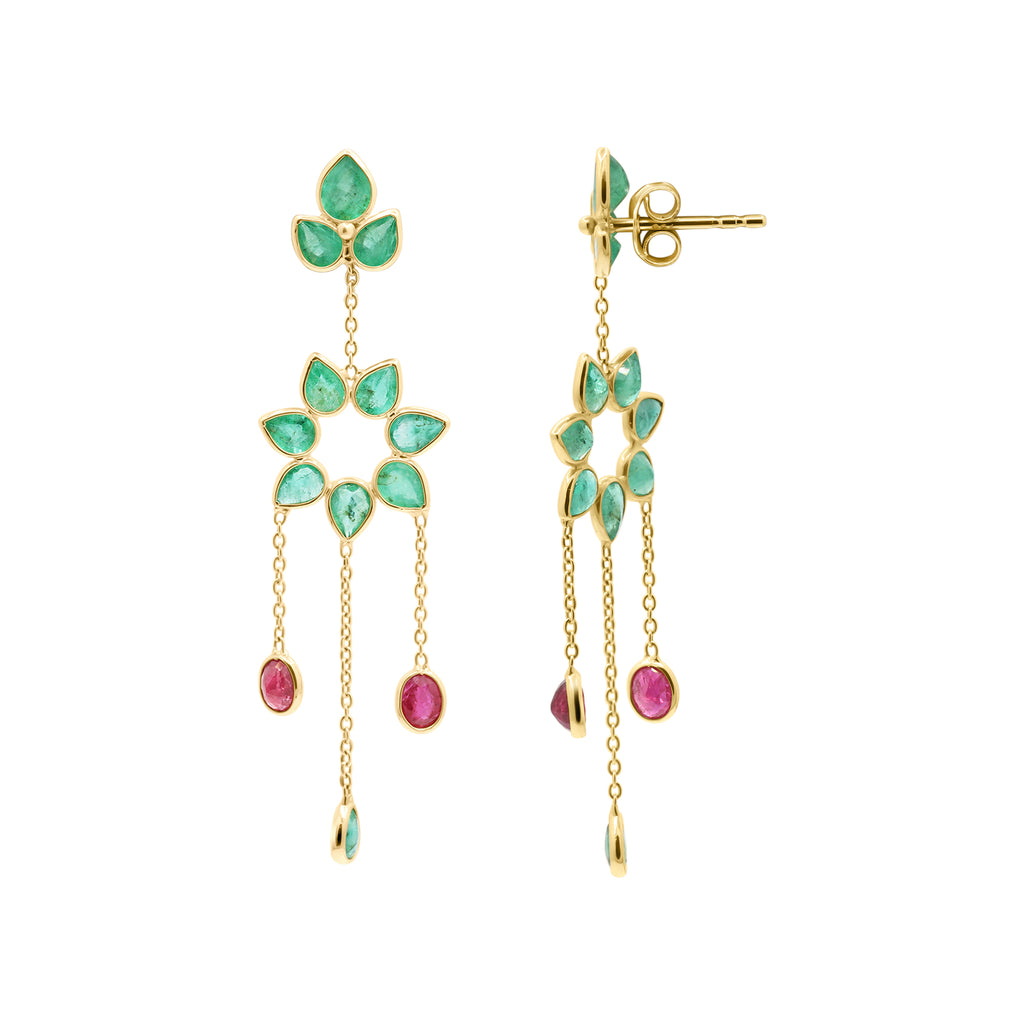18k Gold Precious Ruby And Emerald Drop Dangle Designer Earrings