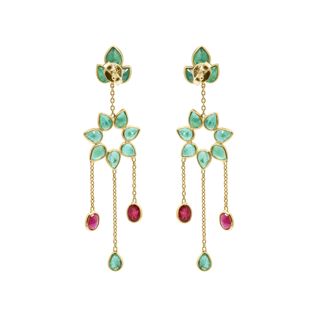 18k Gold Precious Ruby And Emerald Drop Dangle Designer Earrings