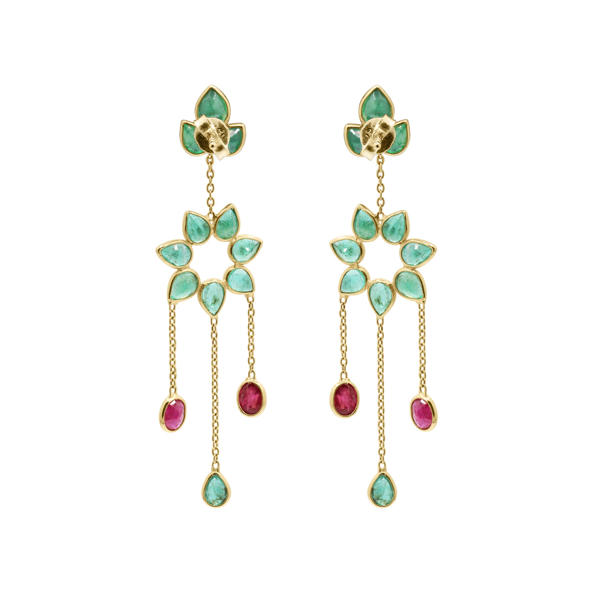 18k Gold Precious Ruby And Emerald Drop Dangle Designer Earrings
