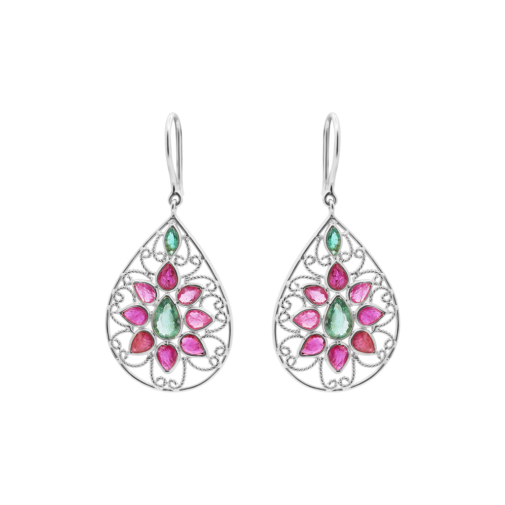 Natural Ruby And Emerald Gemstone Beautiful Earrings In 14k Gold