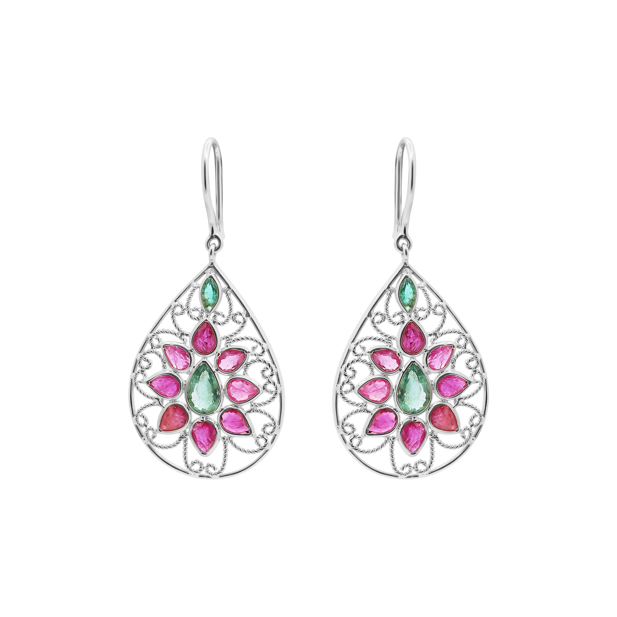 Natural Ruby And Emerald Gemstone Beautiful Earrings In 14k Gold