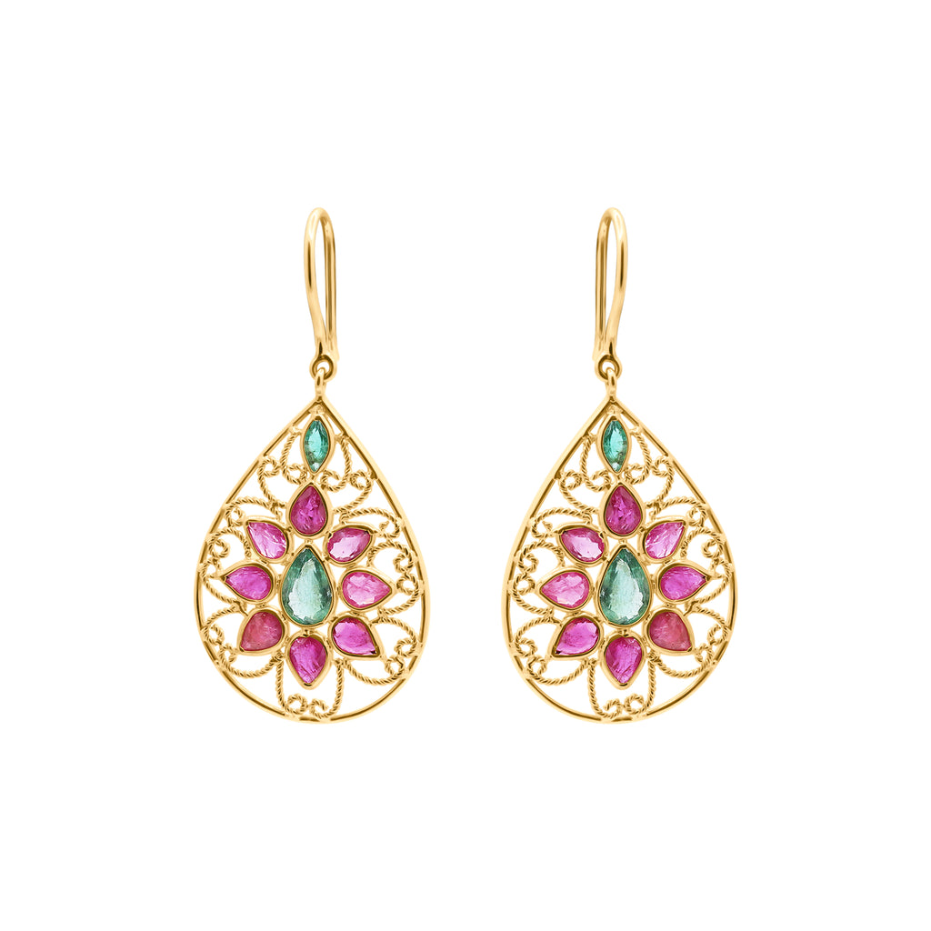 Natural Ruby And Emerald Gemstone Beautiful Earrings In 14k Gold