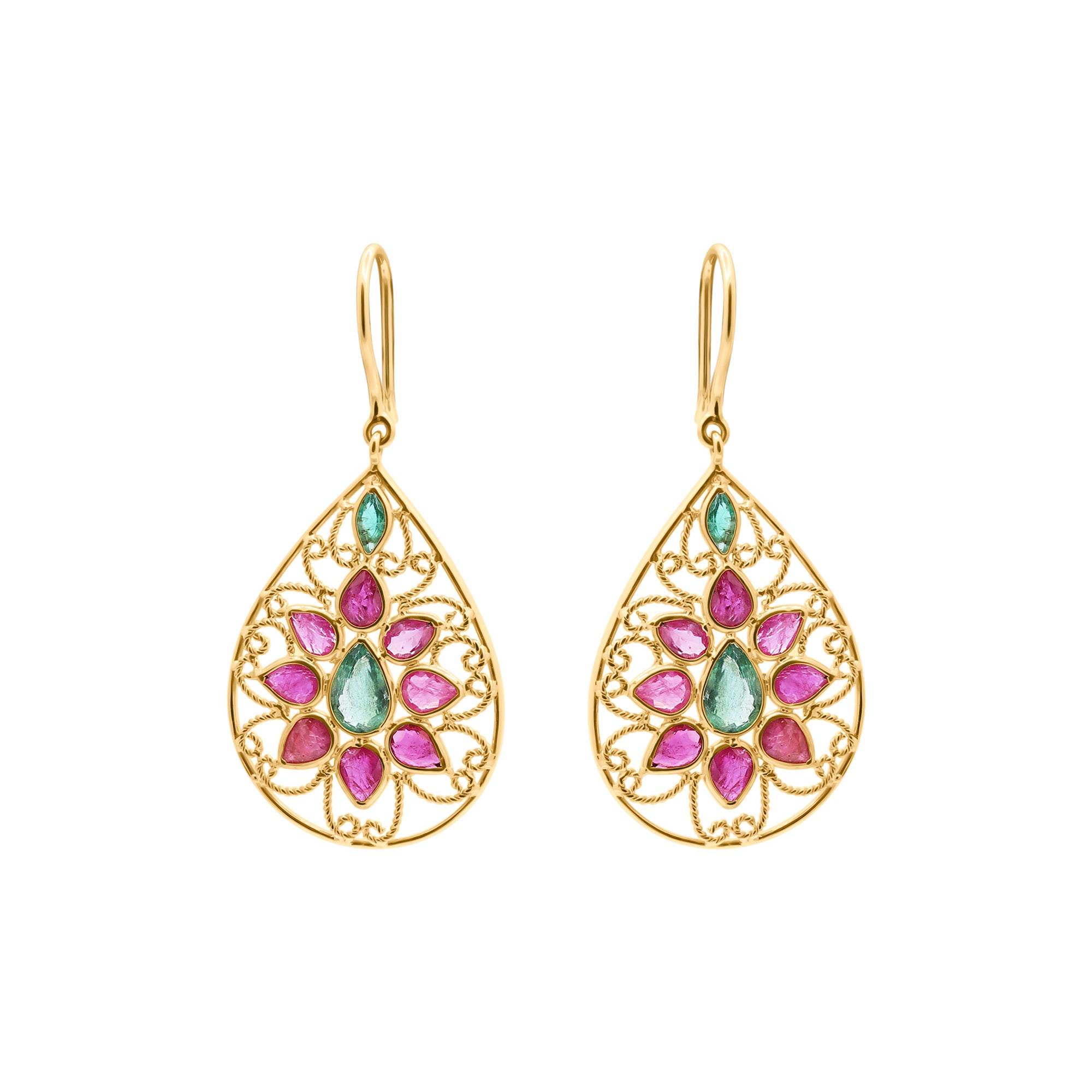 Natural Ruby And Emerald Gemstone Beautiful Earrings In 14k Gold