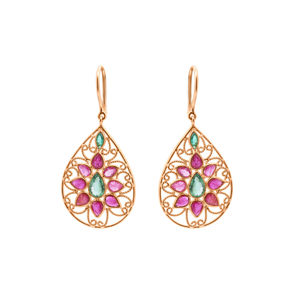 Natural Ruby And Emerald Gemstone Beautiful Earrings In 14k Gold