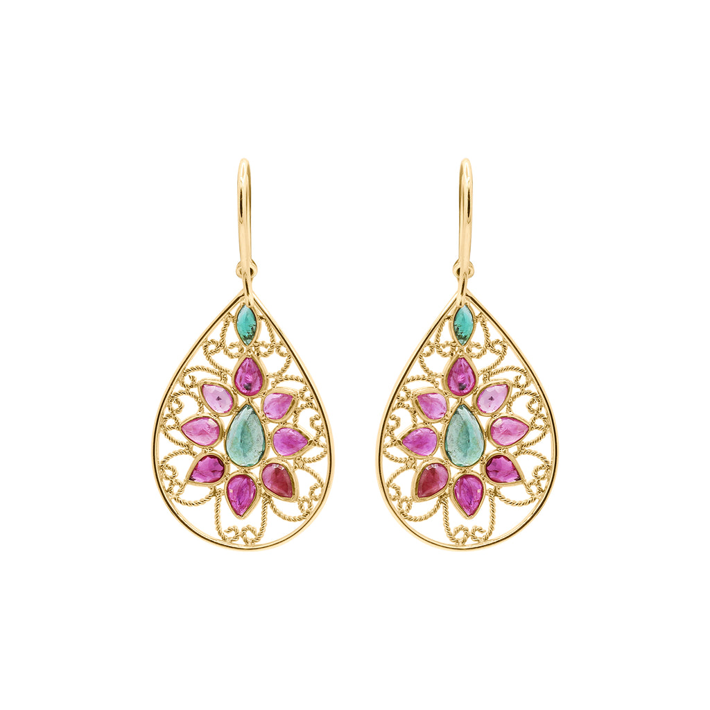 Natural Ruby And Emerald Gemstone Beautiful Earrings In 14k Gold