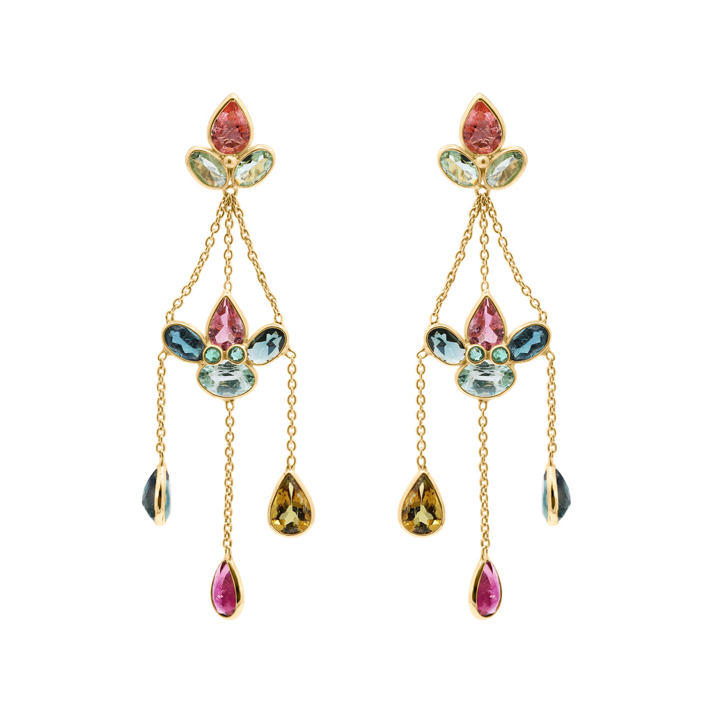 Handmade 18k Gold Natural Multi Tourmaline Gemstone Drop Earrings
