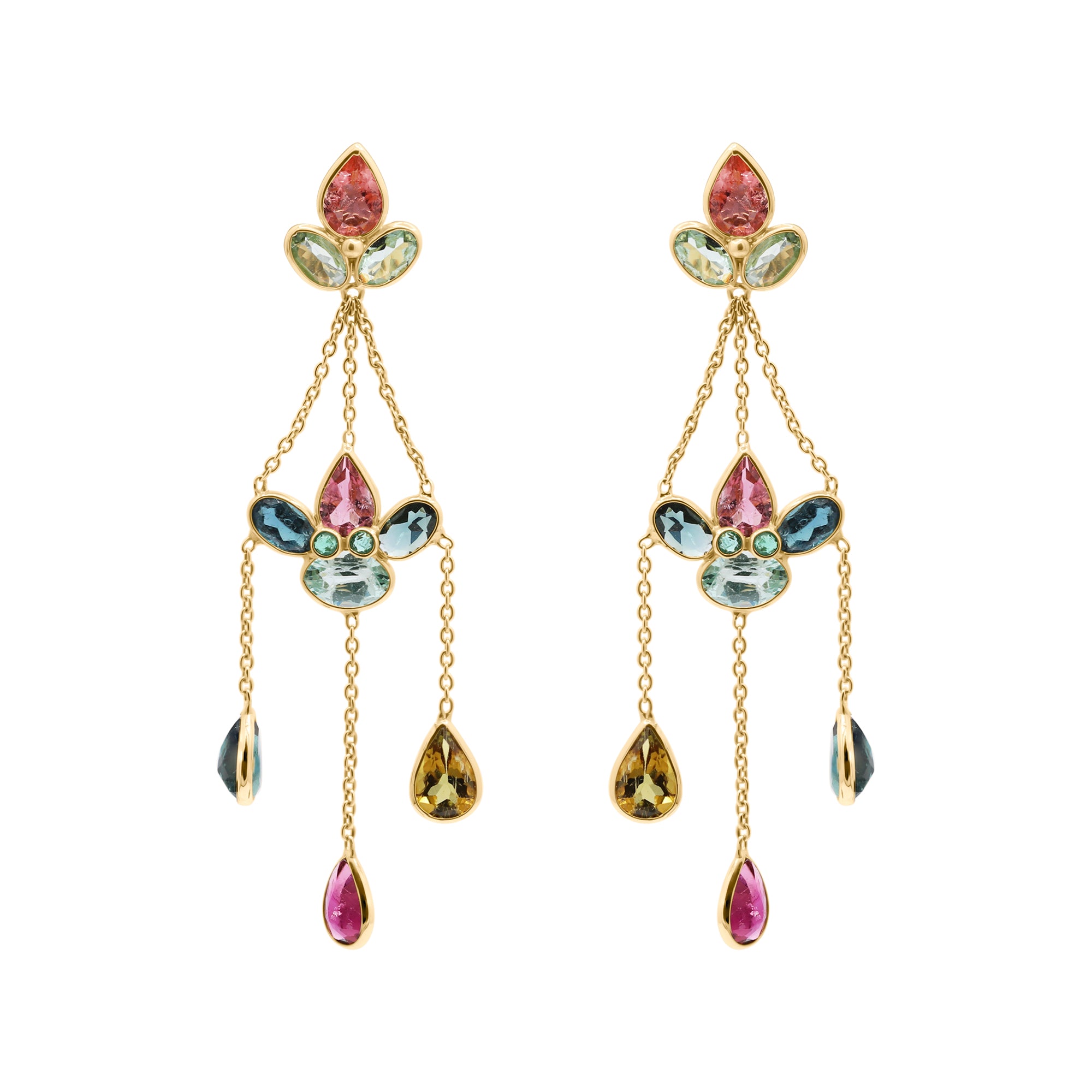 Handmade 18k Gold Natural Multi Tourmaline Gemstone Drop Earrings